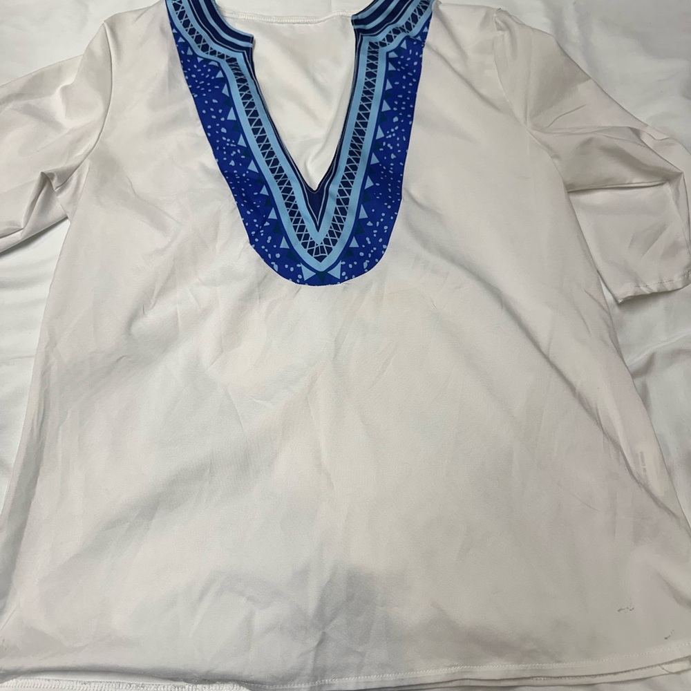 White Tunic with Blue Neckline